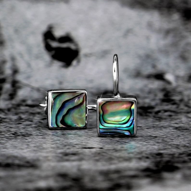 Silvershake 9MM Shell or Created Stones Flat Square Inlay 925 Sterling Silver Hook Lock Earrings Jewelry for Women