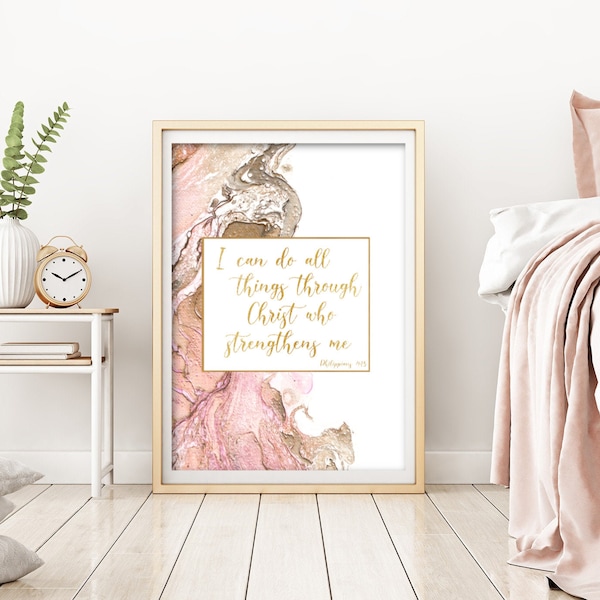 Ik kan alle dingen doen door Christus, Christelijke Muur Kunst, Bijbel vers Filippenzen 4:13, Motiverend Citaat, Blush Print, Inspirerende Citaat