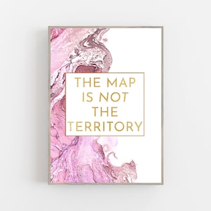 Art mural citation motivante, La carte n'est pas le territoire, décoration de maison et de bureau prune violet, rose et or, impression d'art mural inspirant