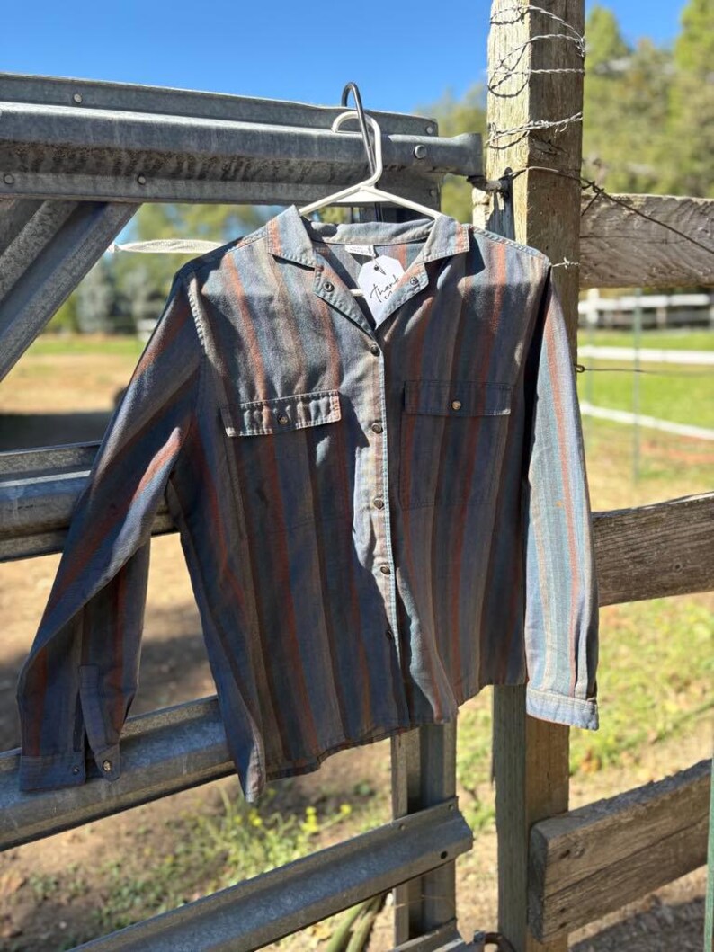 May include: A button-down shirt with vertical stripes in shades of blue, brown, and red hangs on a metal gate. The shirt has two chest pockets and long sleeves. A white tag with the word "Thank" is attached to the shirt.