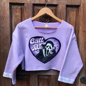 Upcycled Ghostface Cropped Sweatshirt - Lavendar “Call Me” Heart Patch, Lace Trim Detail - Spooky Crop Top - Pastel Goth Horror Apparel