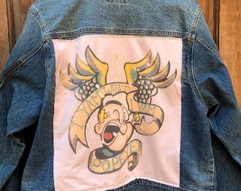 Unisex Denim Jean Jacket with Popeye Patch – Upcycled Vintage Style – Custom Cartoon Jacket