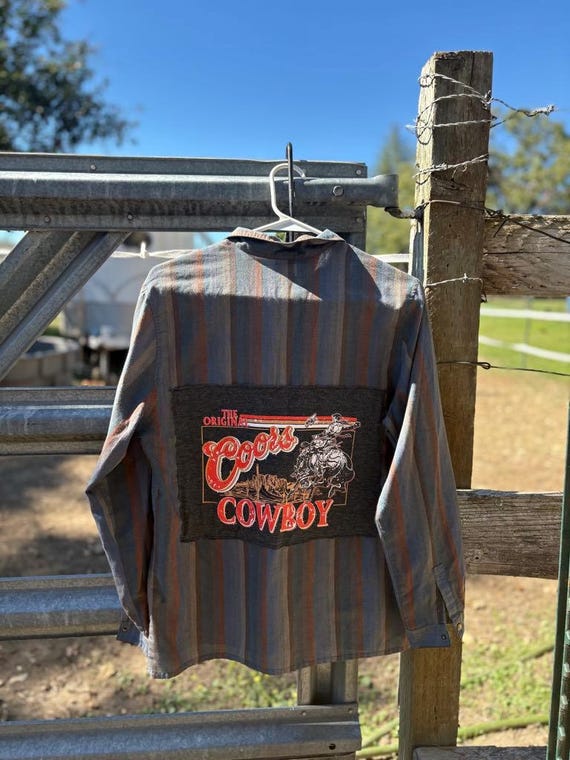 Upcycled Coors Cowboy Button Up Shirt | Vintage Western Button Down | Handmade Retro Beer Shirt | Rustic Rodeo Shirt, Unisex