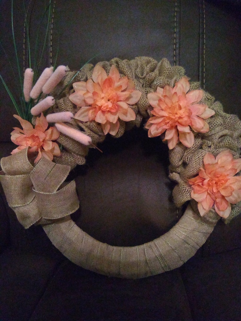 Burlap Door Wreath Or Grave Wreath With Peach Accent Flowers