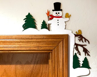 Winter Door Corner Decoration with Snowman, Trees, and Birds | Laser cut and hand-painted wood | Festive Holiday Decor