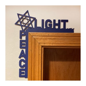 Hanukkah Door Corner Decoration - Light, Peace, Star of David - Laser cut and painted wood - 9" wide X 11" Tall