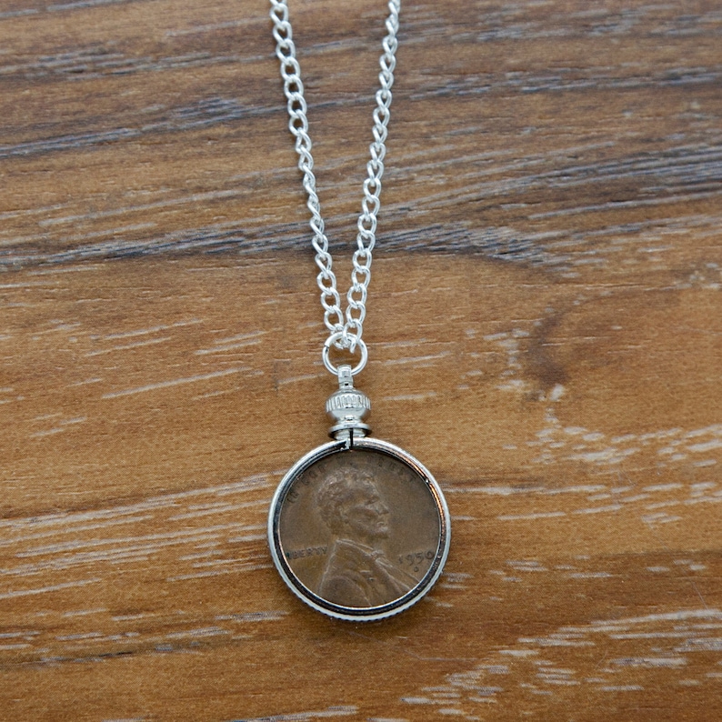 40th Custom Date Penny Necklace in Bezel Anniversary 30th 35th 70th 80th 75th 65th 25th 85th Birthday 50th 60th 45th 55th