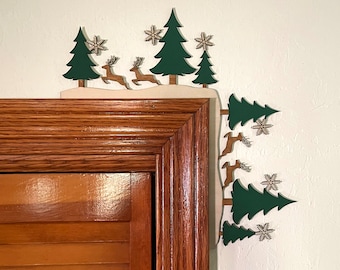 Winter / Christmas Door Corner Decoration | Trees, Deer, and Snowflakes  | Laser cut - 10 3/4" wide X 11" Tall | Hand Painted