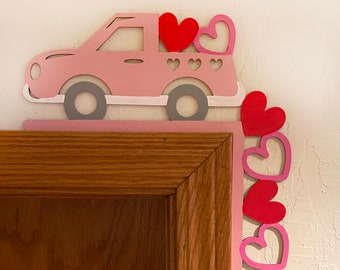 Valentine's Day Door Corner Decoration | Pink Pickup and Hearts | Laser cut and Hand Painted Wood | 10.5" wide X 10.25" Tall