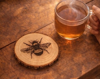 Bee Coaster Set - Wood Engraved Coasters for Housewarming, Wedding, Birthday & Christmas Gifts, Rustic Nature Decor