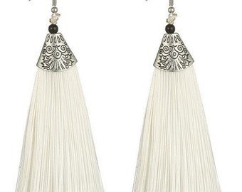 Long White Fringe Tassel Boho Earrings