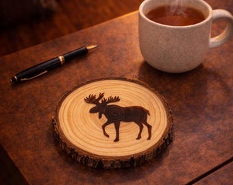 Laser Engraved Moose Wood Coaster Set | Cabin Decor