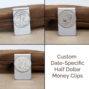 Custom Date Half Dollar Money Clip - 30th, 45th, 50th, 55th, 60th, 70th, 75th, 80th, 85th Birthday | Birth Year Money Clip
