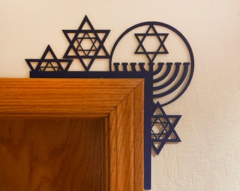 Hanukkah Door Corner Decoration - Menorah and Star of David - Laser cut and painted wood - 11" wide X 10.5" Tall