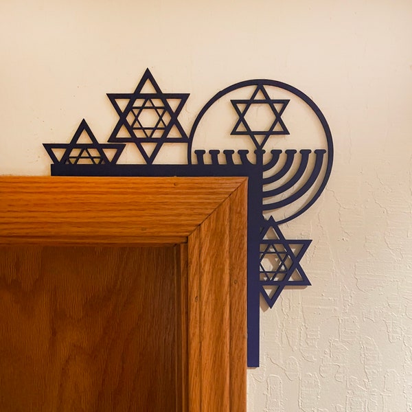 Hanukkah Door Corner Decoration - Menorah and Star of David - Laser cut and painted wood - 11" wide X 10.5" Tall