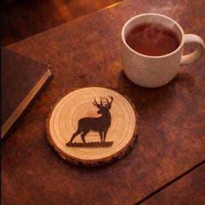 Engraved Deer Wood Slice Coaster Set | Rustic Cabin Decor