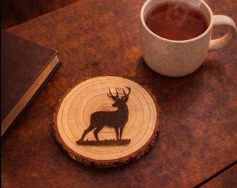 Engraved Deer Wood Slice Coaster Set | Rustic Cabin Decor