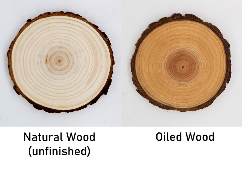 May include: Two wood slices, one natural and one oiled. The natural wood slice is light brown with visible grain. The oiled wood slice is a darker brown with a more polished finish.