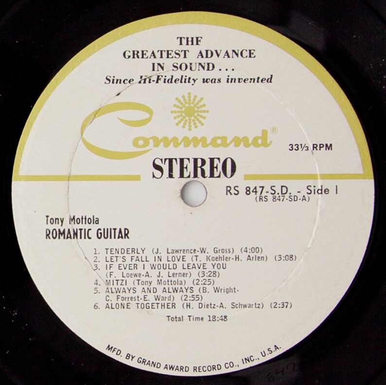 Tony Mottola Guitare Romantique Vinyle vintage LP Command records RS 847 SD Easy Listening, Jazz image 6