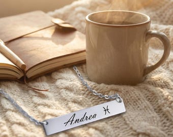 Personalized Zodiac Bar Necklace Silver -- Horizontal Name Necklace, Astrology Jewelry Gift for Her, Custom Coordinates Necklace