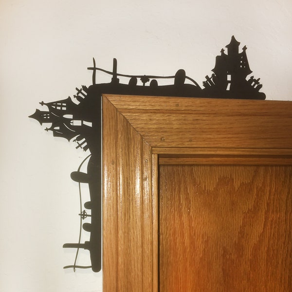 Halloween Corner Door Hanger - Haunted House and Cemetery - Reversible - Laser Cut wood
