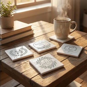 May include: A collection of personalized ceramic coasters with family names and dates, arranged on a wooden table. The coasters feature various designs, including floral patterns and monograms. A beige mug with a hot beverage sits on a matching coaster.