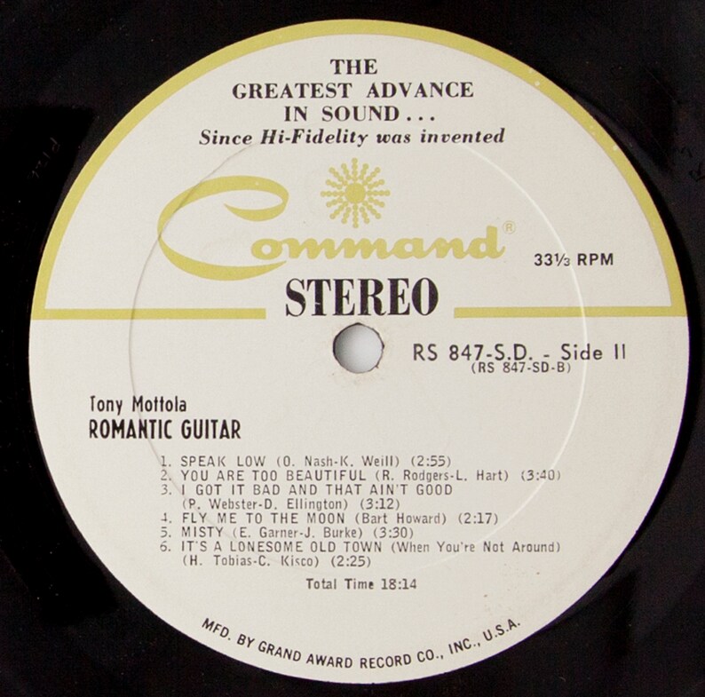 Tony Mottola Romantic Guitar Vintage Vinyl LP Command records RS 847 SD Easy Listening, Jazz afbeelding 8