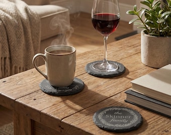 Personalized Slate Coasters Set of 4 – Custom Round Coasters, Housewarming Gift, Engraved Stone Coasters, New Home Gift, Wedding Gift
