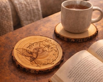 Hummingbird Wood Slice Coaster Set, Engraved Rustic Home Decor, Housewarming Gift for Bird Lovers, Nature Lover Anniversary Birthday Present