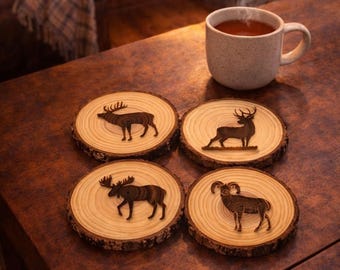 Wildlife Wood Slice Coaster Set – Laser Engraved Elk, Deer, Moose & Bighorn Sheep | Cabin Decor