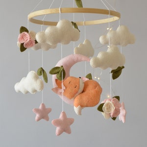 Fox baby mobile girl. Boho baby mobile. Baby mobile with sleeping fox.  Baby shower gift.