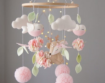 Pink deer baby mobile girl. Baby shower girl. Woodland mobile. Butterflies and flowers mobile.