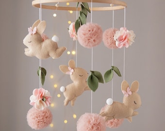 Bunny Baby Mobile Girl, Bunny felt mobile, Floral Nursery Decor