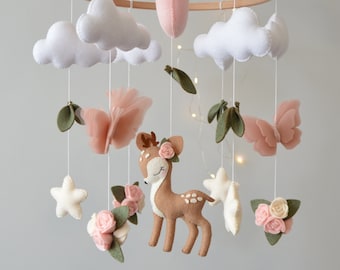 Deer baby mobile girl. Butterflies baby mobile. Baby shower gift. Flowers baby mobile.