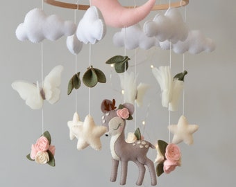 Deer baby mobile girl. Butterflies baby mobile. Baby shower gift. Flowers baby mobile.
