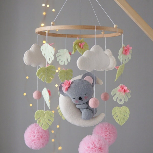 Koala Baby-Mobile Mädchen. Safari-Mobile und Kinderzimmerdekoration. Geschenk zur Babyparty. Tropisches Handy