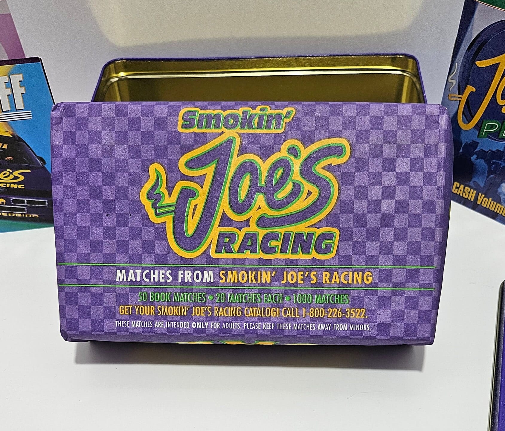 Vintage rare SMOKIN' JOE'S RACING Promotional Cigarette Tin and 50 Book