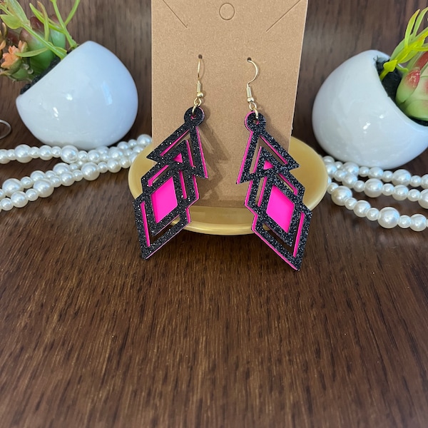 Pink and black glitter faux leather earrings hot pink retro teardrop geometric neon pink boho shape