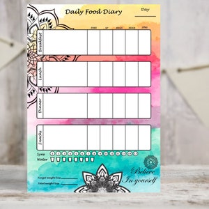 May include: A colorful daily food diary printable with a mandala design. The printable includes sections for breakfast, lunch, dinner, snacks, water intake, and weight tracking. It also includes the text "Believe in yourself".