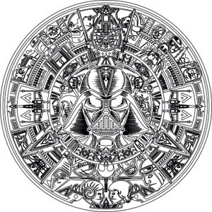 May include: Black and white illustration of Darth Vader's helmet in the center of a circular design. The design is reminiscent of an Aztec calendar, with various Star Wars characters and symbols surrounding the helmet.