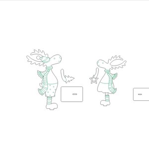 Op de afbeelding: Twee lijntekeningen van rendieren met gewei, die sjaals en hoeden dragen. De rendieren staan aan weerszijden van een kleine rechthoekige doos.