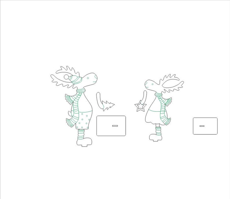 Op de afbeelding: Twee lijntekeningen van rendieren met gewei, die sjaals en hoeden dragen. De rendieren staan aan weerszijden van een kleine rechthoekige doos.