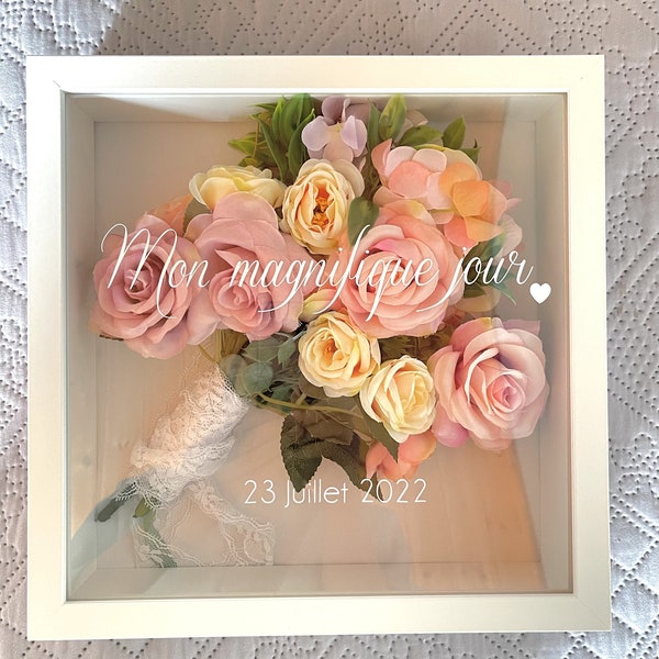 Mon magnifique jour* immortalisez votre bouquet de mariée dans le cadre photo, police au choix, personnalisé, idée cadeau, mariage, fiançailles, 27 x 27 cm