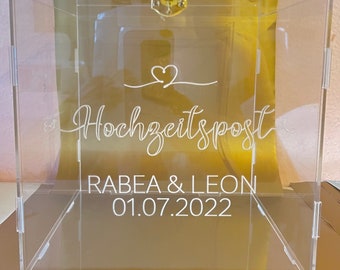 Acrylbox *Hochzeitspost* für Geldgeschenke und Karten zur Hochzeit, -graviert - *Blickfang auf jeder Hochzeit* 25,5x25,5x25,5 cm