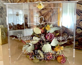 Boîte pour bouquet de mariée* allemand, anglais, français, espagnol* - boîte en acrylique - beaucoup d'espace pour un grand bouquet de mariée.*personnalisé, transparent