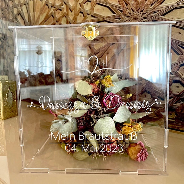 Box for bridal bouquet* German, English, French, Spanish* - acrylic box - plenty of space for a large bridal bouquet.*personalized, transparent