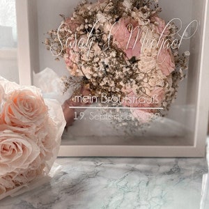 Magnifique cadre photo pour votre bouquet de mariée, police de caractères au choix, personnalisé, idée cadeau, cadeau de mariage, mariage, bouquet de mariée, 27 x 27 cm,