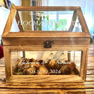 Wedding post glass box * for cash gifts and cards for the wedding, with label - *Eye-catcher at every wedding* approx. 19 x 15 x 18.5 cm