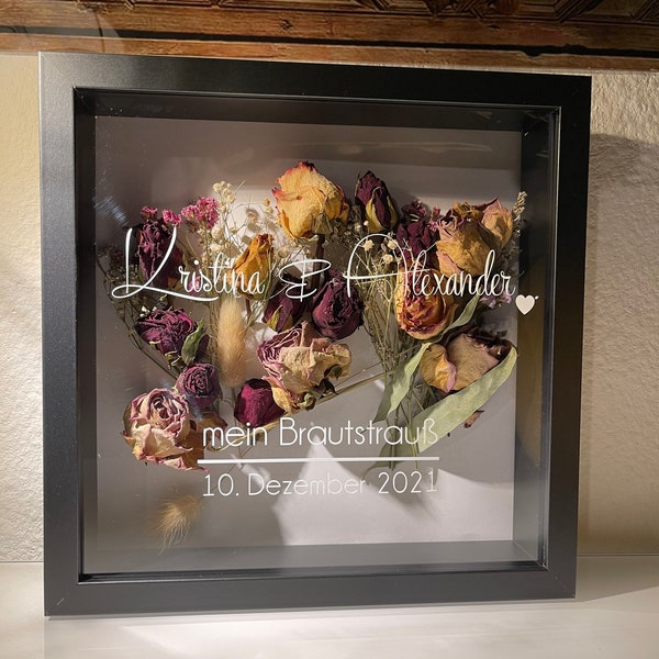 Votre bouquet de mariée *pour toujours* immortalisé dans le cadre photo - police au choix, personnalisé, idée cadeau, cadeau de mariage, fiançailles, 27 x 27 cm