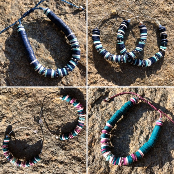 Créoles et bracelet de surfeur en perles heishi, vendu seul ou séparément, 2 coloris au choix